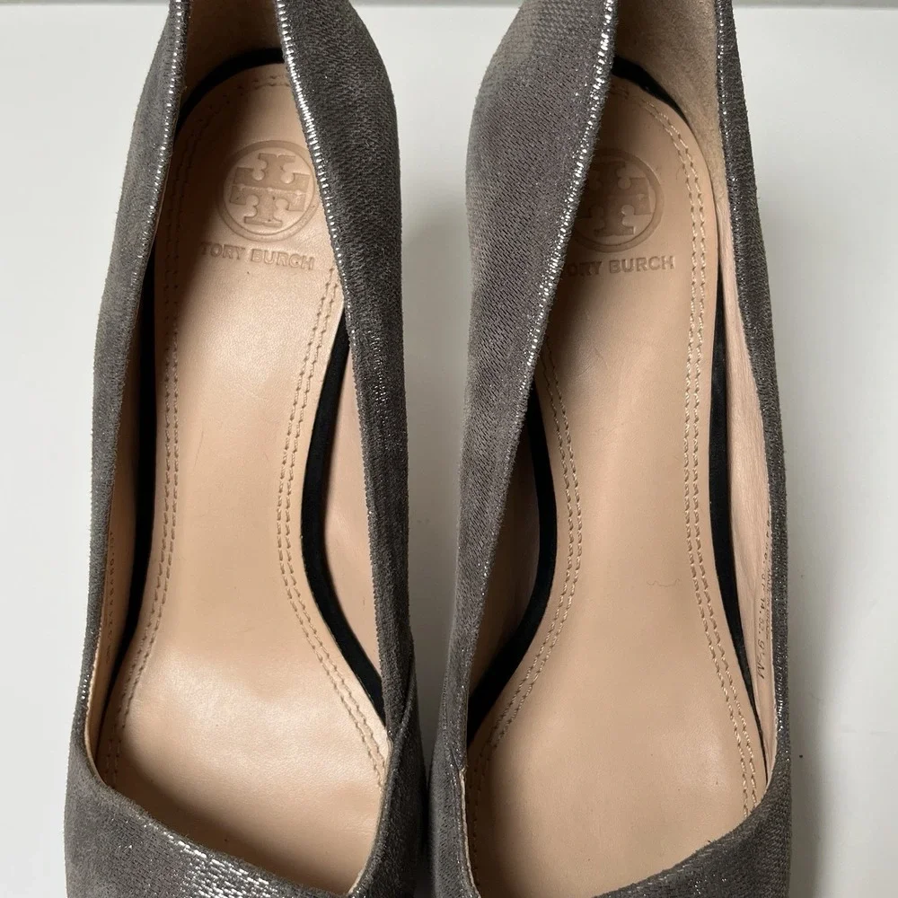 Tory Burch Women's  Silver Black Metallic Shaila Cap Toe Pumps Sz 9.5 Heels Work